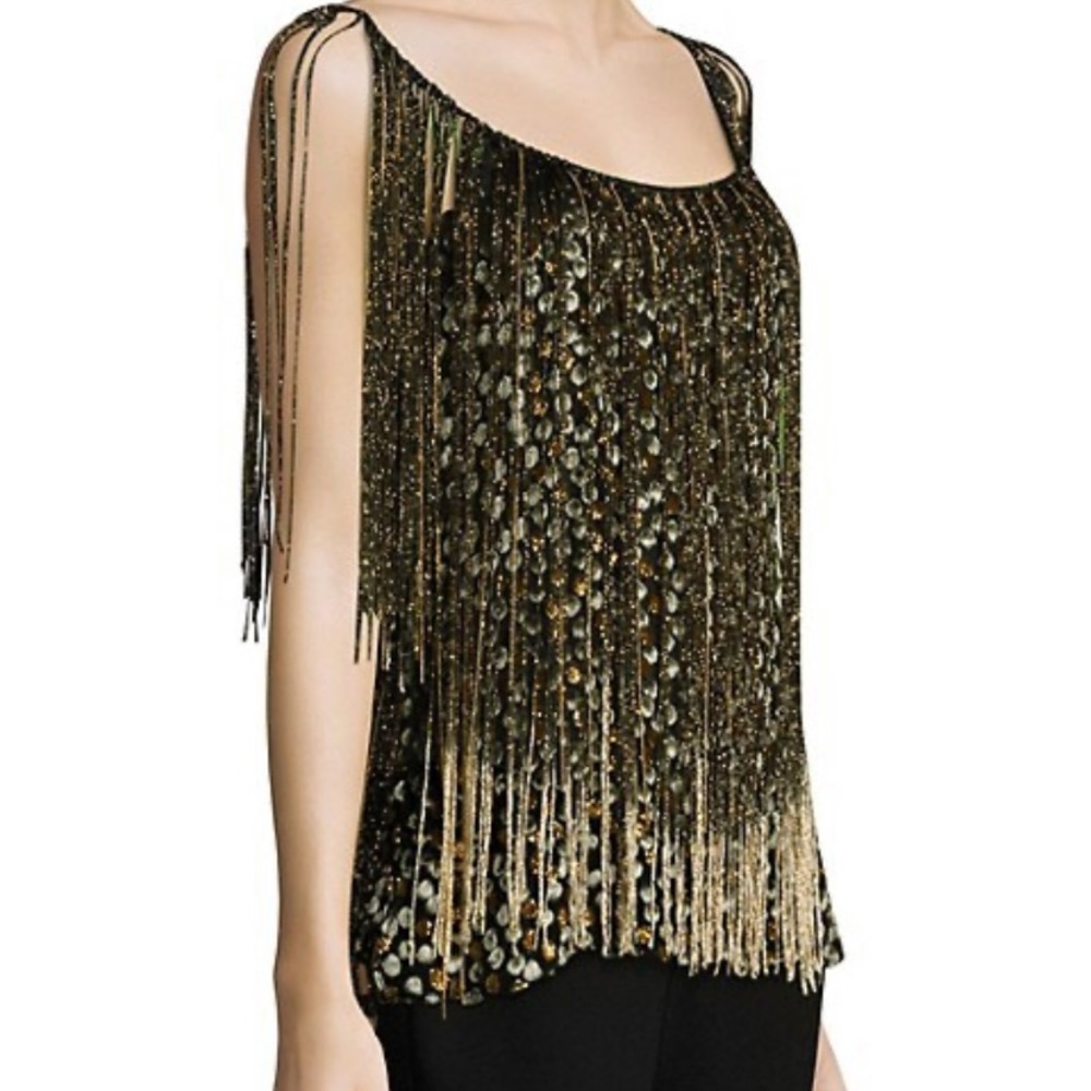 Elie Tahari Black and Gold Sequin Fringe Tank Top